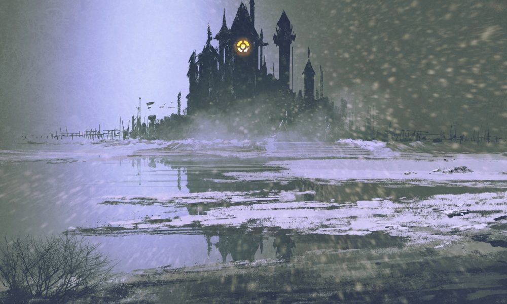 An Image of a dark foreboding Abbey set in a Winter Landscape